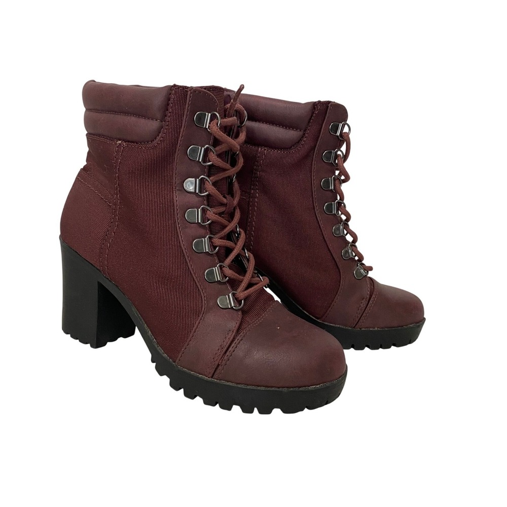 Route 66 Dakota Heeled Combat Boots Women 6 Burgundy Lace Up Lug Sole Block Heel